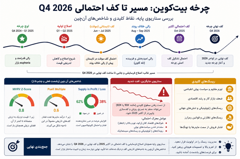 اینفوگرافیک سناریوی کف چرخه بیت‌کوین و نشانه‌های احتمالی پایان بازار خرسی