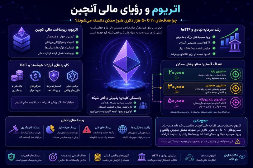اینفوگرافیک فارسی درباره نقش اتریوم در مالی آنچین و سناریوی اهداف قیمتی ۲۰ تا ۵۰ هزار دلار