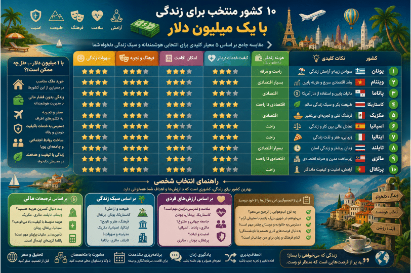 اینفوگرافیک مقایسه کشورهای منتخب برای مهاجرت مالی و زندگی لوکس