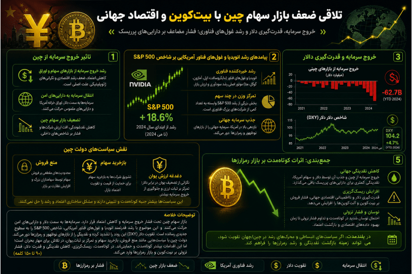 اینفوگرافی رابطه بازار سهام چین، دلار و بیت‌کوین