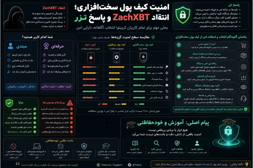 اینفوگرافیک فارسی درباره امنیت کیف پول سختافزاری، انتقاد ZachXBT و پاسخ فنی تزر به طور مقایسهای