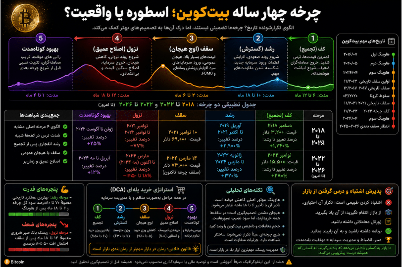 اینفوگرافیک چرخه چهار ساله بیتکوین و تطابق بازار ۲۰۱۸ و ۲۰۲۶