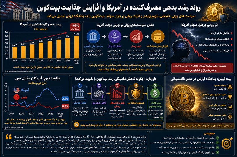 اینفوگرافیک تاثیر رشد بدهی مصرفکننده آمریکا بر بیتکوین