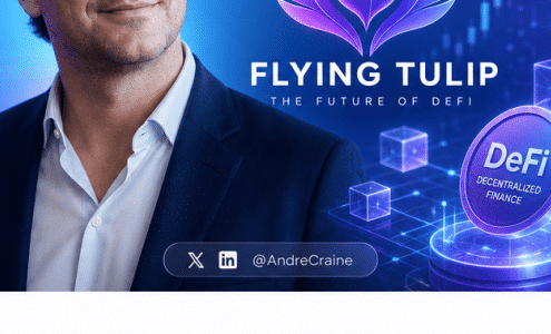 آندره کرانیه توسعه‌دهنده دیفای در کنار نماد Flying Tulip و تکنولوژی بلاک چین