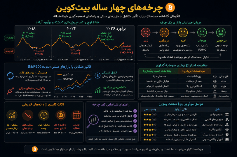 اینفوگرافیک روند چرخههای قیمتی بیتکوین از ۲۰۱۸ تا ۲۰۲۶