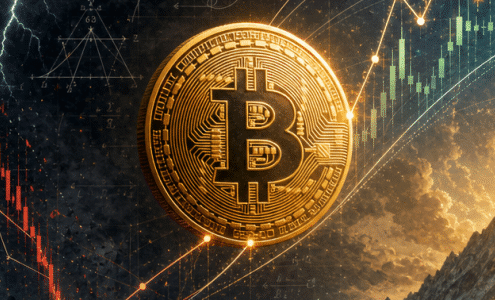نمودار بیت‌کوین با فرمول‌های ریاضی و منحنی رگرسیون لگاریتمی