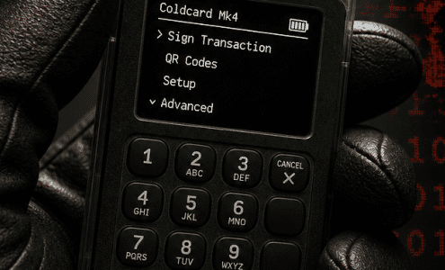 نمای نزدیک کیف پول سختافزاری Coldcard با پسزمینه هشدار امنیتی بیتکوین