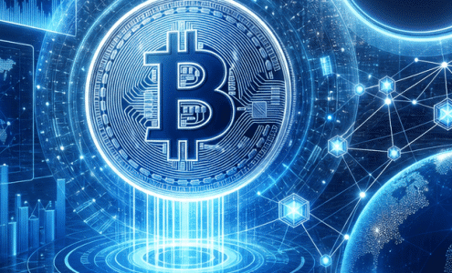 بازار بیت‌کوین و شبکه موکا؛ نماد بیت‌کوین، نمودار رمزارز و زیرساخت بلاک‌چین