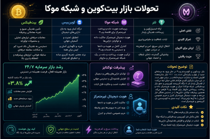 نقشه تحولات اکوسیستم بیتکوین؛ نقش Bitfinex، کوینبیس و شبکه موکا