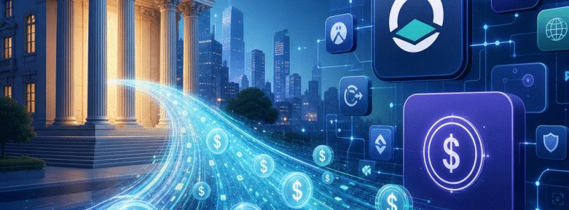 نمای گرافیکی مهاجرت پول از بانکهای سنتی به سوی استیبلکوینها و فینتکهایی مانند OpenTrade