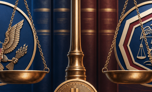 تصویر ترازوی عدالت با نمادهای SEC، CFTC و بیت‌کوین روی پس‌زمینه دفتر قانون