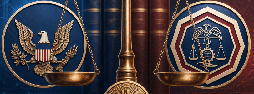 تصویر ترازوی عدالت با نمادهای SEC، CFTC و بیتکوین روی پسزمینه دفتر قانون
