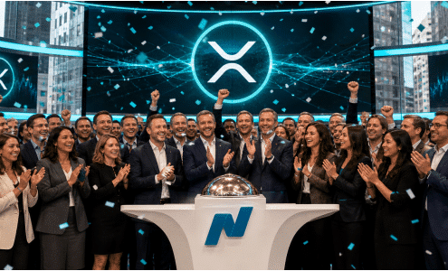 تیم اورنورث در مراسم زنگ پایانی ناسداک با محوریت XRP در میان تابلوهای دیجیتال و جمعیت پرشور