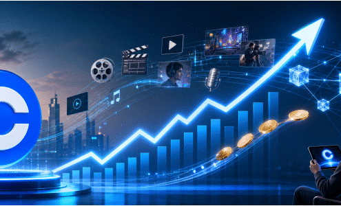 نمودار رشد Polymarket و اشاره به همکاری Coinbase و Roundtable در پرداخت آنی رسانه‌ها